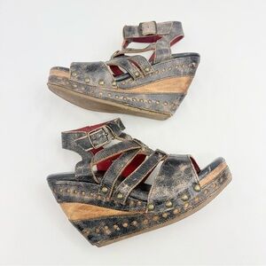 Bed Stu Brown Leather Wood Wedge Strappy Gladiator Sandals